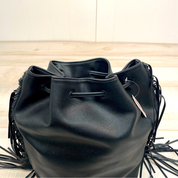 Victoria’s Secret NWT Black Faux Leather Fringe Drawstring Backpack Vegan - Picture 6 of 9